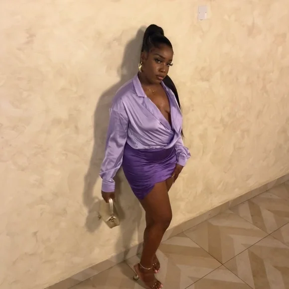 Stylish Purple lavender color block Satin-feel long sleeve Dress - Picture 3 of 7